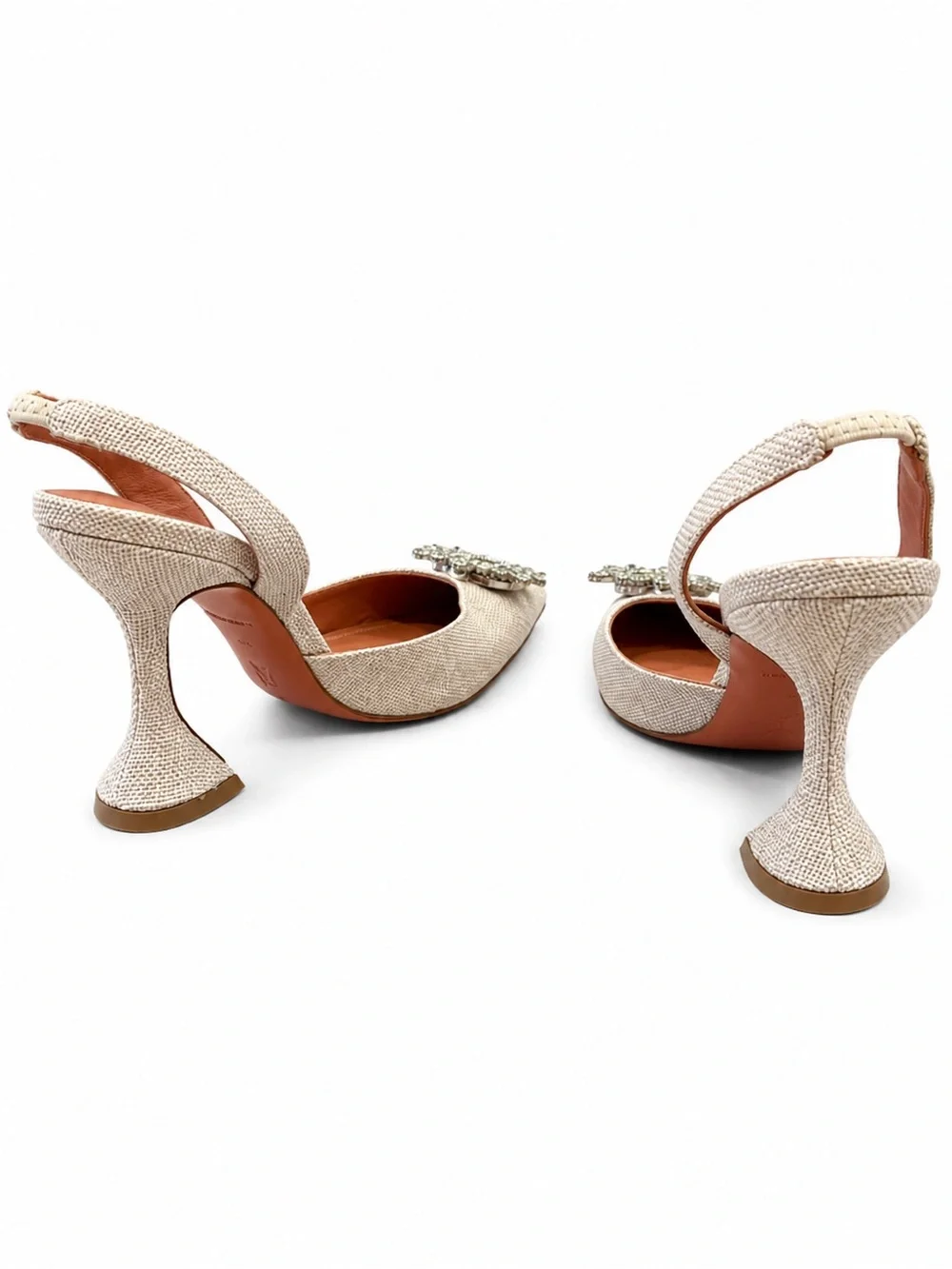 Amina Muaddi Begum Slingback Pumps Crystal Beige Linen Fabric Heels EU 41 US 11
